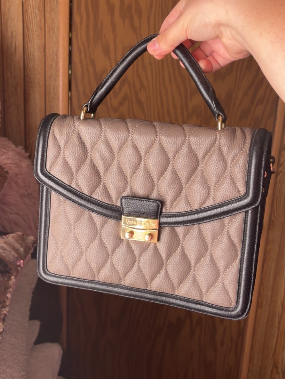 Vera Bradley Taupe Quilted Satchel with Black Trim and Gold Hardware